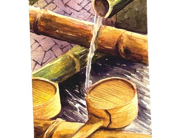 May include: Watercolor painting of a Japanese water fountain. Bamboo pipes direct water into a basin with a wooden ladle. The artwork features shades of brown, green, and purple, with a focus on the water's flow.