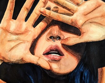 May include: Watercolor painting of a person with hands in front of their face. The person has a nose ring and dark hair. The hands are in front of the face, partially obscuring the eyes. The background is black.