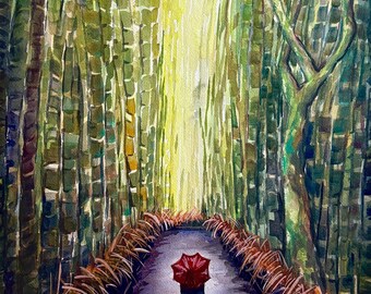 May include: Watercolor painting of a path through a bamboo forest. A person with a red umbrella walks down the path, with sunlight streaming through the trees. The artwork features shades of green, brown, and yellow.