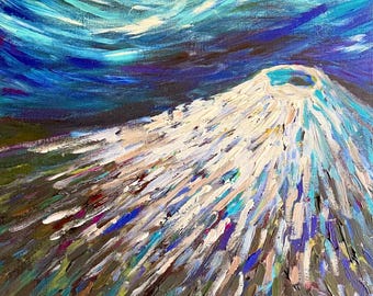 May include: An abstract oil painting of a mountain with a white peak and blue sky. The mountain is painted with thick brushstrokes in shades of white, blue, and brown. The sky is a swirling mix of blues and white.