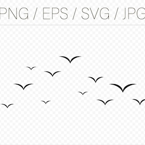 Puede incluir: Gráfico negro de una bandada de pájaros en vuelo. Las aves están estilizadas con líneas curvas simples, creando una sensación de movimiento. La imagen incluye el texto "PNG / EPS / SVG / JPG" en la parte superior.