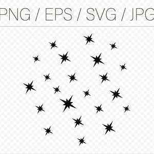 May include: Black starburst graphic with the text "PNG / EPS / SVG / JPG" at the top. The stars vary in size and are arranged in a cluster. The background is transparent.