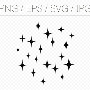 Puede incluir: Gráfico de explosión de estrellas negras con el texto "PNG / EPS / SVG / JPG" en una fuente sans-serif. Las estrellas son de varios tamaños y están dispuestas en un grupo. El fondo es transparente.