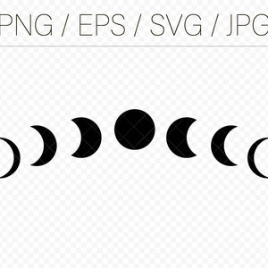 May include: Black and white graphic of the phases of the moon. The image shows the moon in different crescent shapes, transitioning to a full moon, and back to a crescent. The text "PNG / EPS / SVG / JPG" is at the top.