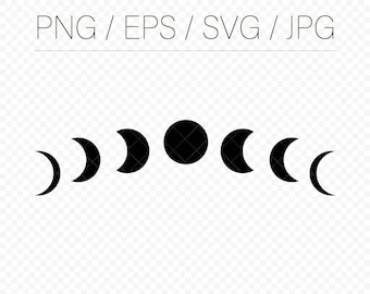 May include: Black and white graphic of the phases of the moon. The image shows the moon in different crescent shapes, transitioning to a full moon, and back to a crescent. The text "PNG / EPS / SVG / JPG" is at the top.