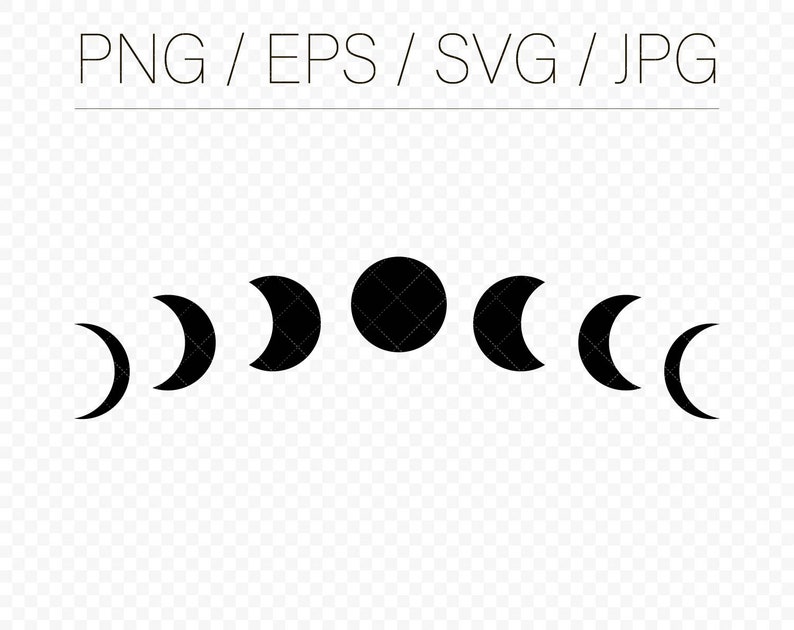 May include: Black and white graphic of the phases of the moon. The image shows the moon in different crescent shapes, transitioning to a full moon, and back to a crescent. The text "PNG / EPS / SVG / JPG" is at the top.