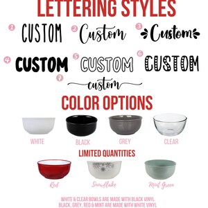 K&ouml;nnte beinhalten: Eine Grafik mit sieben verschiedenen Schriftarten f&uuml;r das Wort "Custom" und acht Farboptionen f&uuml;r Schalen. Die Farboptionen umfassen Wei&szlig;, Schwarz, Grau, Klar, Rot, Schneeflocke und Mintgr&uuml;n.