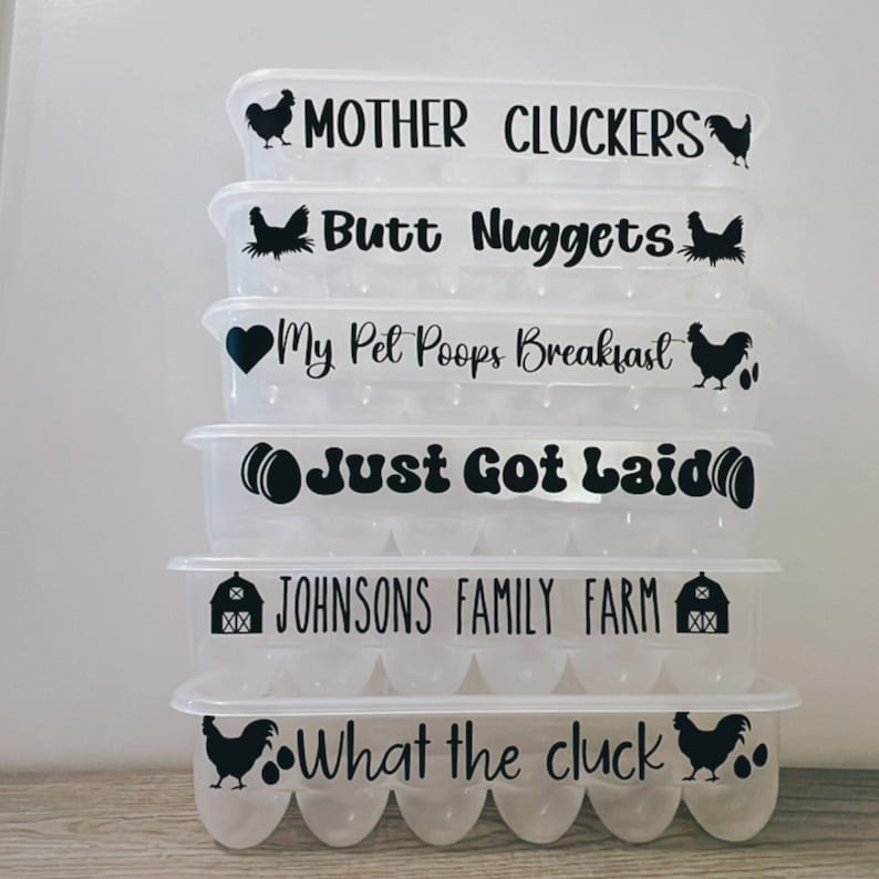 May include: A stack of clear plastic egg containers with black text and chicken graphics. The containers read "MOTHER CLUCKERS", "Butt Nuggets", "My Pet Poops Breakfast", "Just Got Laid", "JOHNSONS FAMILY FARM", and "What the cluck".