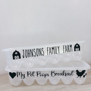 May include: Two clear plastic egg containers, one stacked on top of the other. The top container reads "JOHNSONS FAMILY FARM" with a barn graphic. The bottom container reads "My Pet Poops Breakfast" with a heart, chicken, and egg graphics.