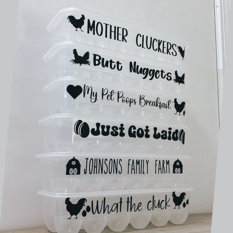 May include: A stack of clear plastic egg cartons with black text and graphics. The text includes phrases like "Mother Cluckers" and "Just Got Laid." Each carton has a different phrase and a chicken graphic.