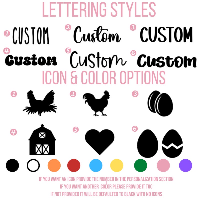 May include: An image showcasing lettering styles and icon options. The text includes the word "CUSTOM" in various fonts. Icons of a hen, rooster, eggs, barn, heart, and more eggs are displayed. Color options are also shown.