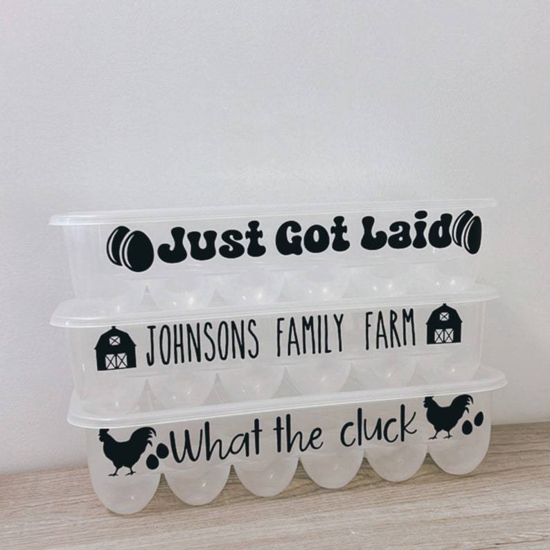May include: Three clear plastic egg containers stacked on top of each other. Each container has a black graphic and text: "Just Got Laid", "Johnsons Family Farm", and "What the cluck". The containers are on a light-colored surface.