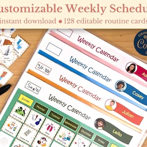 Weekly schedule for kids with picture and editable routine cards, printable weekly responsibility chart, weekly visual to do & chore list