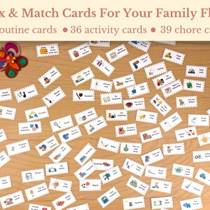 May include: A set of colorful cards with illustrations and text for a family game. The cards are scattered on a wooden surface. The text on the cards includes "Mix & Match Cards For Your Family Flow", "53 routine cards", "36 activity cards", and "39 chore cards".