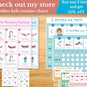 May include: A printable chart for kids to use as a visual aid for brushing their teeth. The chart includes a checklist of steps for brushing, a daily tracker, and a section for a child's photo. The chart is blue and yellow with a cartoon toothbrush and toothpaste.
