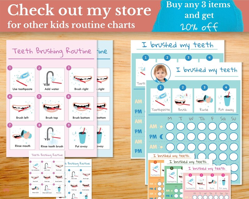 May include: A printable chart for kids to use as a visual aid for brushing their teeth. The chart includes a checklist of steps for brushing, a daily tracker, and a section for a child's photo. The chart is blue and yellow with a cartoon toothbrush and toothpaste.