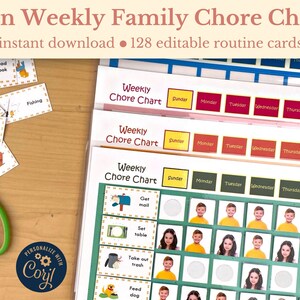 May include: A set of printable chore charts for families. The charts are designed to be used with 128 editable routine cards. The charts feature a green background with a variety of colorful icons and text. The text on the charts includes "Weekly Chore Chart", "Sunday", "Monday", "Tuesday", "Wednesday", "Thursday", "Friday", "Get mail", "Set table", "Take out trash", and "Feed dog".