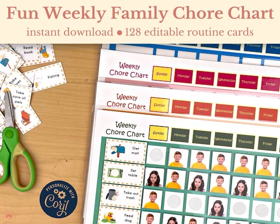 Weekly family chore chart for kids with editable chore cards, printable weekly routine, weekly schedule, to do list, multiple kids
