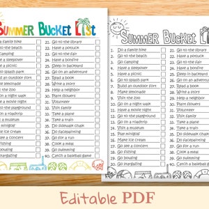 May include: A printable summer bucket list with checkboxes for activities like going to the beach, camping, visiting a museum, and going stargazing. The list is divided into two columns with a black and white illustration of a sun and palm tree at the top of each column.