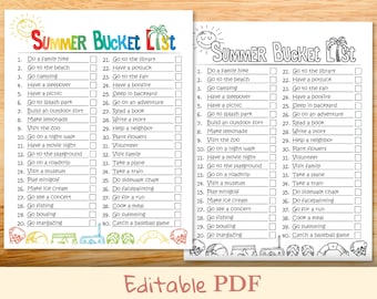 Op de afbeelding: Een afdrukbare zomerbucketlist met vinkjes voor activiteiten zoals naar het strand gaan, kamperen, een museum bezoeken en sterren kijken. De lijst is verdeeld in twee kolommen met een zwart-witte illustratie van een zon en een palmboom bovenaan elke kolom.