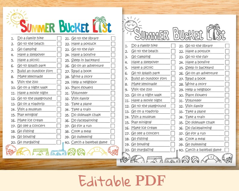 May include: A printable summer bucket list with checkboxes for activities like going to the beach, camping, visiting a museum, and going stargazing. The list is divided into two columns with a black and white illustration of a sun and palm tree at the top of each column.