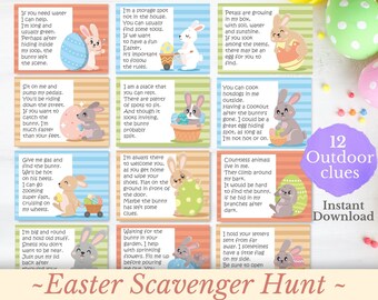 May include: Twelve colorful cards with bunny illustrations and clues for an Easter scavenger hunt. The cards have a light blue and white striped background with a light green border. The text on the cards is in black. The cards are arranged in a grid pattern. The cards are labeled with the text "12 Outdoor Clues" and "Instant Download".