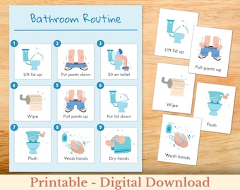 Step by Step Bathroom Routine And Potty Training Chart and Cards, Toilet Training Visual for Boys, Printable,