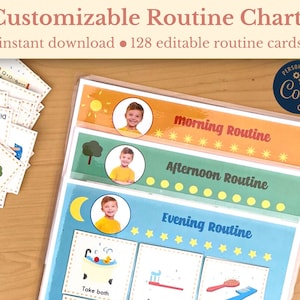 Tableaux de routine quotidiens personnalisés pour les enfants avec cartes modifiables, cartes de rythme, calendrier visuel, liste de corvées, tout-petit, préscolaire, imprimable