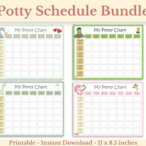 May include: A set of four printable potty training charts featuring different cartoon characters. Each chart has a green, pink, or light blue background with a different character at the top. The charts are designed for children to track their potty training progress. The charts are 11 inches by 8.5 inches.