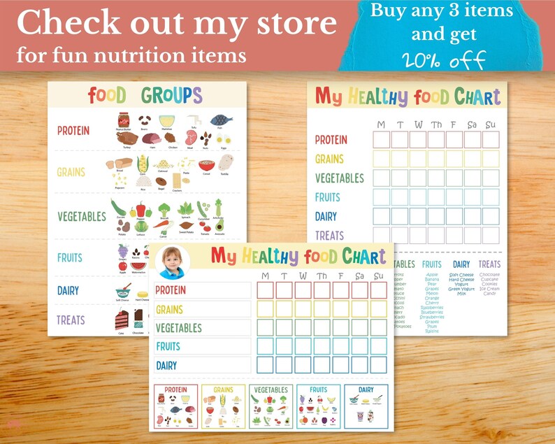 May include: Two printable charts for tracking healthy food choices. The first chart lists food groups: protein, grains, vegetables, fruits, dairy, and treats. The second chart is a weekly food tracker with columns for each day of the week and rows for each food group. The text "My Healthy Food Chart" appears at the top of both charts.