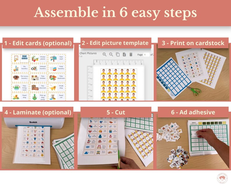 May include: A six-step guide for assembling a visual chart. The steps include editing cards, editing a picture template, printing on cardstock, laminating, cutting, and adding adhesive. The images show the steps in action.