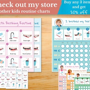 May include: A printable chart for kids to track their teeth brushing routine. The chart includes a visual guide with nine steps for brushing teeth, a daily checklist, and a section for kids to mark when they have brushed their teeth. The chart is designed to help kids learn good oral hygiene habits.