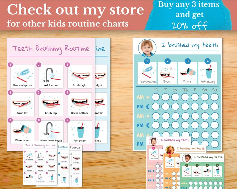 May include: A printable chart for kids to track their teeth brushing routine. The chart includes a visual guide with nine steps for brushing teeth, a daily checklist, and a section for kids to mark when they have brushed their teeth. The chart is designed to help kids learn good oral hygiene habits.