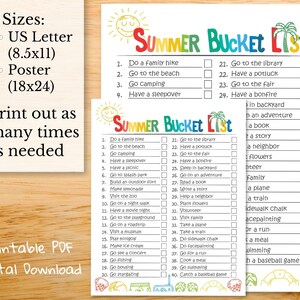 May include: A printable summer bucket list with colorful illustrations and checkboxes. The list includes activities like going to the beach, camping, having a sleepover, going to the library, and having a bonfire. The list is available in two sizes: US Letter (8.5x11) and Poster (18x24).