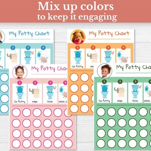 May include: Four printable potty training charts with different color backgrounds. Each chart has four steps: go potty, wipe, flush, and wash hands. Each chart has a space for a photo and a grid of circles for tracking progress.