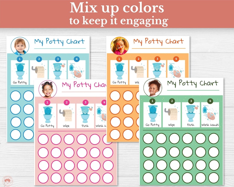 May include: Four printable potty training charts with different color backgrounds. Each chart has four steps: go potty, wipe, flush, and wash hands. Each chart has a space for a photo and a grid of circles for tracking progress.