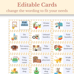 May include: A set of 16 colorful cards with illustrations and text. The cards feature various household chores and tasks, such as washing windows, watering plants, doing laundry, tidying the kitchen, and walking the dog.