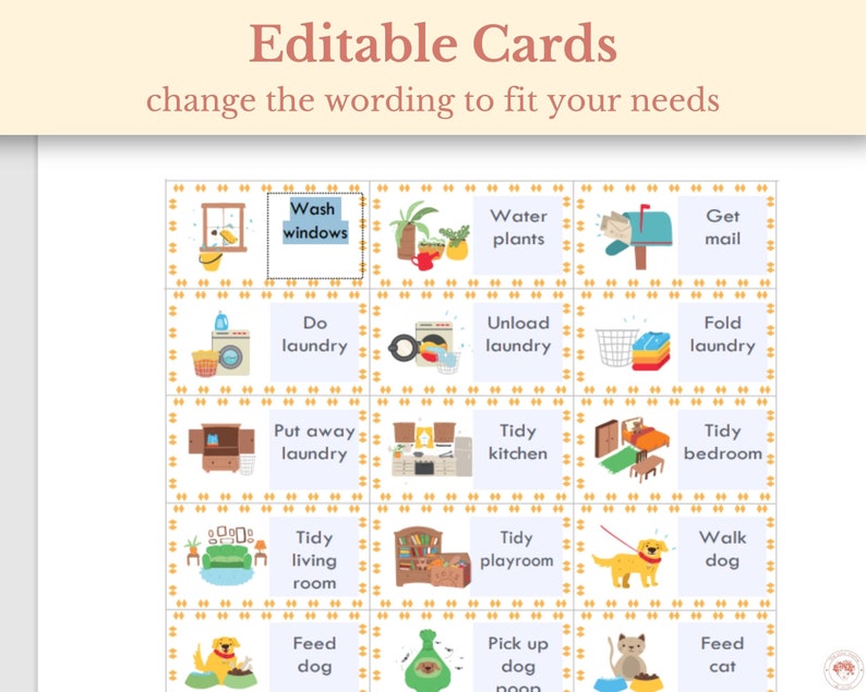 May include: A set of 16 colorful cards with illustrations and text. The cards feature various household chores and tasks, such as washing windows, watering plants, doing laundry, tidying the kitchen, and walking the dog.