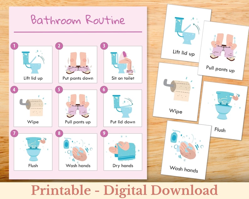 Step by Step Bathroom Routine And Potty Training Chart and Cards, Toilet Training Visual for Girl, Printable image 1