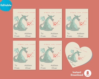 Kids Valentine Cards - Classroom Valentines - Downloadable Valentine for Preschool - Dragon - Editable - Instant Download - Printable