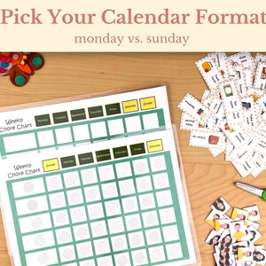 May include: Two printable chore charts with a green background and white circles. The top chart has the days of the week starting with Monday and the bottom chart has the days of the week starting with Sunday. The charts are on a wooden surface with a pile of small cards and a pair of scissors.