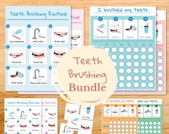 May include: A printable set of colorful charts and cards for teaching children about teeth brushing routines. The charts feature illustrations of a toothbrush, toothpaste, and a cup of water. The cards feature a simple visual guide to brushing teeth, with each step numbered. The charts also include a calendar for tracking daily brushing habits. The text on the charts reads "Teeth Brushing Routine" and "I brushed my teeth".