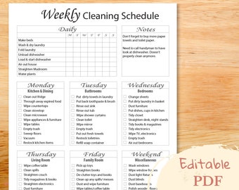 May include: A printable weekly cleaning schedule checklist with a daily, Monday, Tuesday, Wednesday, Thursday, Friday, and Weekend section. Each section has a list of cleaning tasks to complete. The checklist is editable and includes notes for the user.