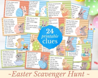 May include: 24 printable Easter egg hunt clues featuring a bunny rabbit illustration on each card. The cards are colorful and have a light blue, green, and orange striped background.