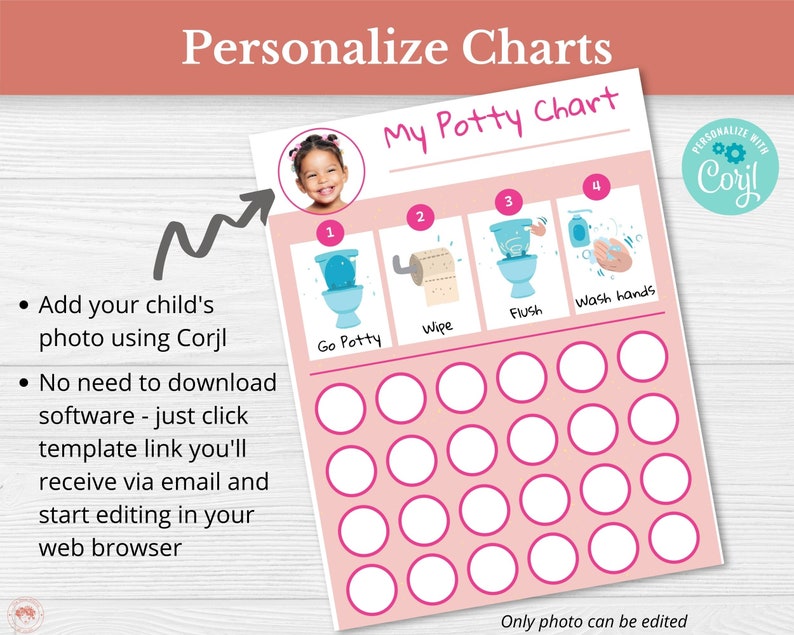 May include: A pink and white printable potty training chart with a photo placeholder, four illustrated steps, and a grid of circles for tracking progress. The text "My Potty Chart" is at the top of the chart.
