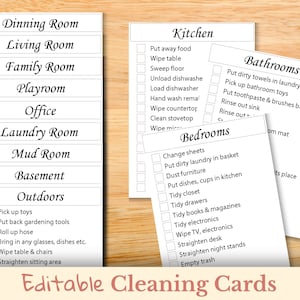 Minimalist editable zone cleaning cards, Deep cleaning cards, Cleaning checklist, Cleaning to do list, Cleaning pdf printable