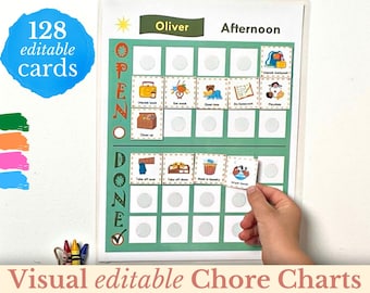 May include: A visual chore chart with the name "Oliver" and the word "Afternoon" at the top. The chart has editable cards and includes illustrations for various tasks. The text "128 editable cards" is in a blue bubble. The words "Visual editable Chore Charts" are at the bottom.