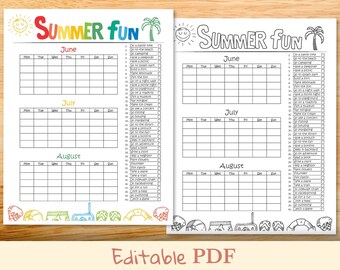 May include: A printable summer fun checklist for kids. The checklist is divided into three sections: June, July, and August. Each section has a calendar grid with days of the week and a list of activities to do during the summer. The activities include things like going to the beach, building a fort, going to the library, and having a bonfire.