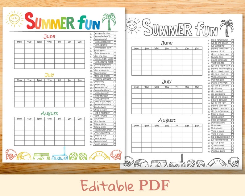 Summer Bucket List Schedule for Kids Editable Bucket List Etsy