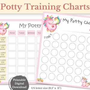 May include: Printable potty training chart featuring a unicorn with a pink and rainbow design. The chart has a grid for tracking potty use with the text "I used the potty" and days of the week. The chart also has a section with circles to color in for each successful potty use. The chart is 8.5 inches by 11 inches.